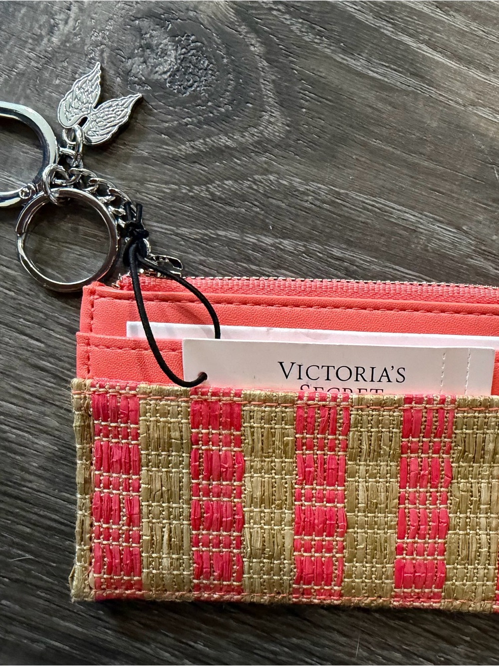 Victoria's Secret Coral and Gold Woven Card Holder Keychain
